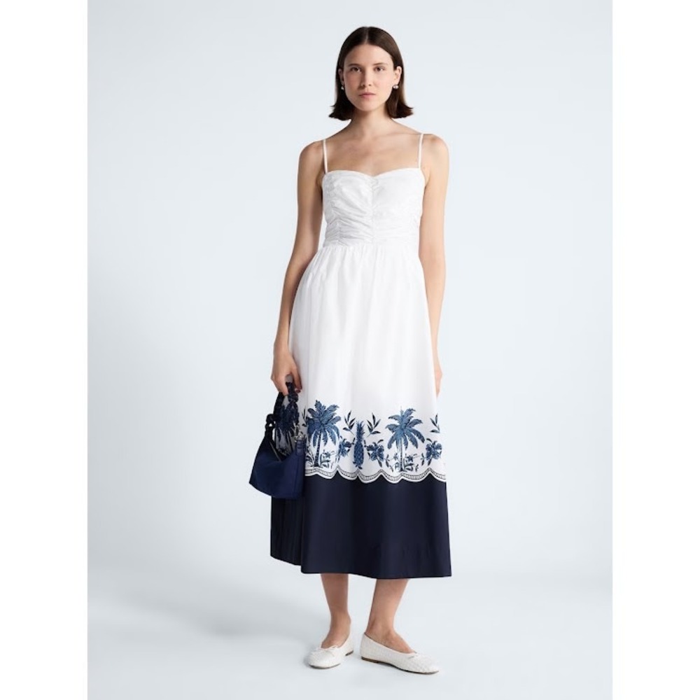 Free Assembly Womens Ruched Cotton Midi Dress White Navy Palm Tree Large NWT